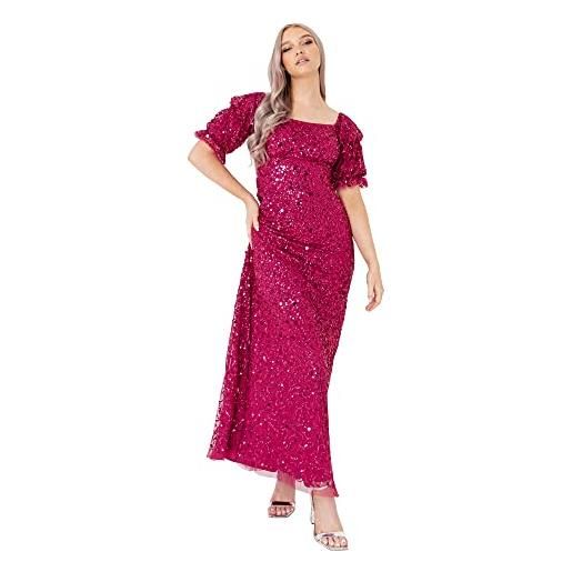 Maya Deluxe ladies maxi sequin embellished dress for women wedding guest puffed short sleeves long square neckline high waist purple, vestito donna, raspberry, 42 eu