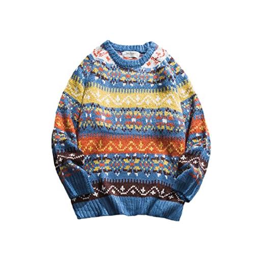 Bervoco maglione lavorato a maglia da uomo con motivo geometrico harajuku casual lavorato a maglia pullover, blu, m