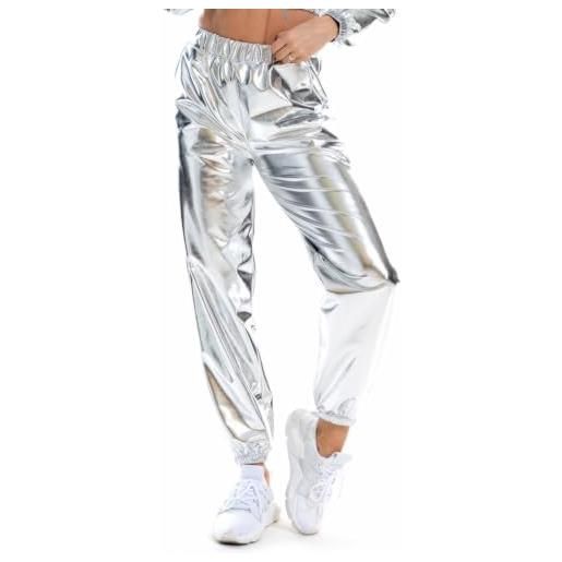 NewL pantaloni da jogging da donna metallizzati lucidi casual olografici di colore streetwear pantaloni hip hop alla moda lisci elastici, argento lucido, xxl