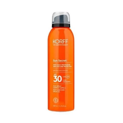 Korff sun secret olio spray corpo e capelli spf30, olio solare secco effetto lucente, capelli morbidi, alta protezione, resistente all'acqua, 200ml