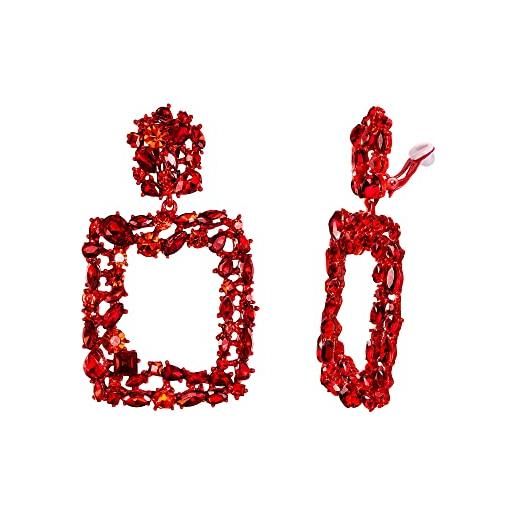 EVER FAITH rhinestone rettangolo orecchini clip-on geometrico statement drop orecchini pendenti per donne ragazze rosso