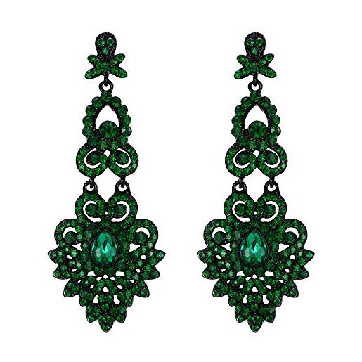 EVER FAITH orecchini donna cristallo nozze vintage stile floreale foglia orecchini lampadario pendenti verde nero-fondo