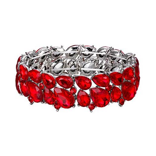 EVER FAITH braccialetto donna, abiti gioielli cristallo art deco 2 strato goccia elasticità bracciale per donne rosso argento-fondo
