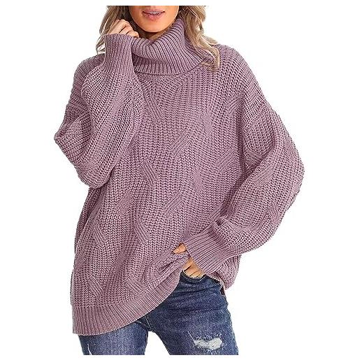 FNKDOR 2023 maglione da donna autunno inverno maglione maglione a maglia a treccia dolcevita, lilla, l