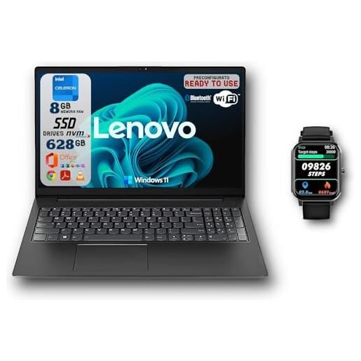 Lenovo notebook portatile v15 n4500 8gb di ram 628gb di ssd (128gb nvme + 500gb sata 2.5), windows 11 pro, office 2021 preattivato, smart. Watch in omaggio