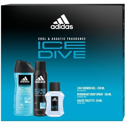 Adidas ice dive - eau de toilette con vaporizzatore 50 ml + gel doccia 250 ml + deodorante spray 150 ml