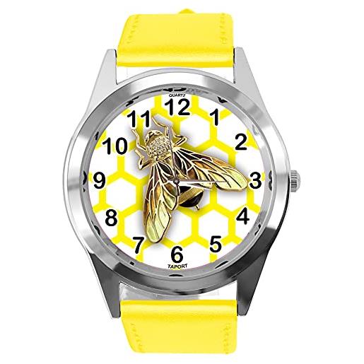 TAPORT orologio al quarzo rotondo in pelle gialla per gli appassionati di bee, giallo, cinturino