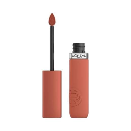 L'Oréal Paris rossetto liquido, colore intenso, formula matte a lunga durata, con acido ialuronico, resistente alle sbavature, infaillibile matte resistance, tonalità: 115 snooze your alarm