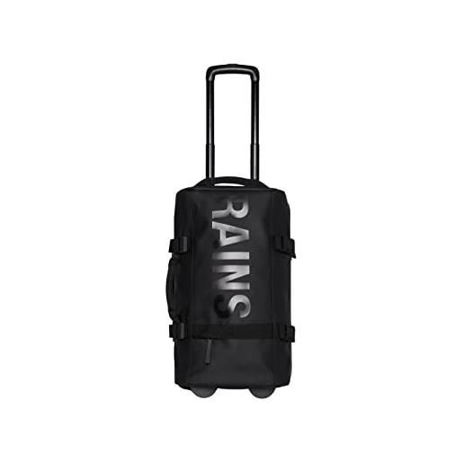 RAINS valigia rains modello travel bag small, con due scomparti principali, uno con fasce elastiche trasversali ed entrambi con chiusure in mesh, tasca frontale con zip, manico telescopico e manici i. 