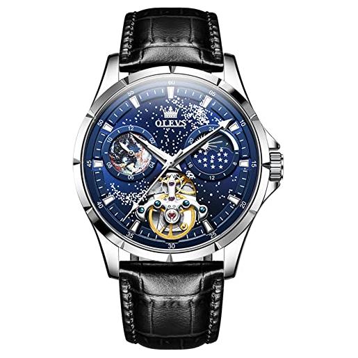 OLEVS mens automatic watches blue starry sky skeleton tourbillon self winding mechanical luminous luxury dress wrist watch gifts, silver band & blue dial