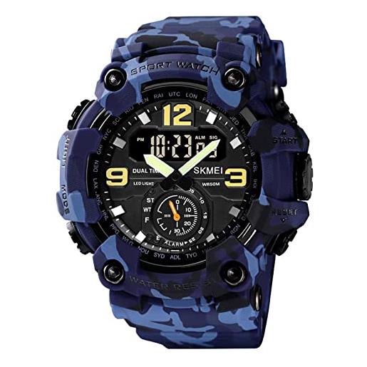MERYAL orologio digitale da uomo, 50m impermeabili orologio uomo militare, sportivo orologio uomo con luci led, orologi con sveglia, blue camouflage