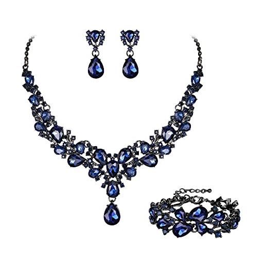 EVER FAITH set di gioielli da damigella in cristalli austriaci sposa, collana orecchini bracciale glamour acqua goccia fiore, set zaffiro blu nero-fondo