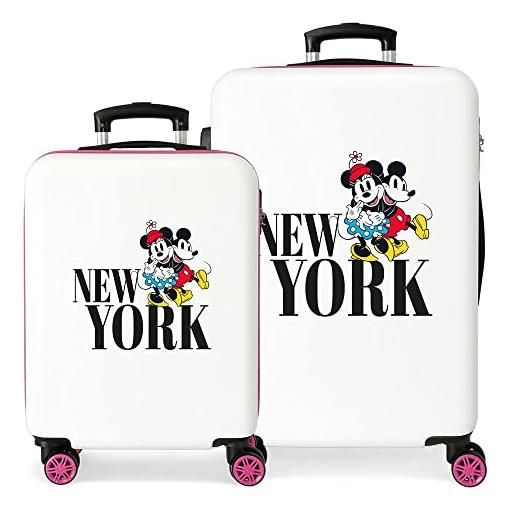 Disney mickey & minnie viaggio a new york set valigie bianco 55/65 cm abs rigido chiusura a combinazione laterale 56l 6 kg 4 doppie ruote bagaglio a mano