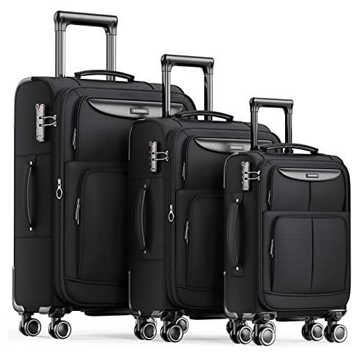 SHOWKOO set valige morbide 3 pezzi espandibile cabina valigia da viaggio trolley di stoffa leggero ultra durevole con lucchetto tsa e 4 ruote doppie (m-l-xl, nero)
