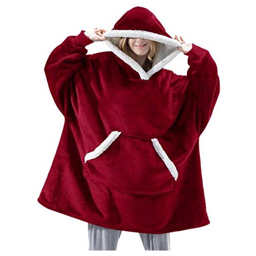 Adisputent felpa da donna con cappuccio con tasche giganti anteriori oversize indossabile coperta in pile soffice pullover caldo cappotto invernale pullover giacca giacca (rosso vino)