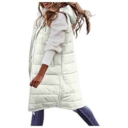 Vagbalena gilet lungo da donna in piuma d'oca senza maniche giacca con cappuccio inverno caldo cappotto sottile zip all'aperto gilet vintage giacca a sbuffo antivento leggero gilet morbido (bianco, m)