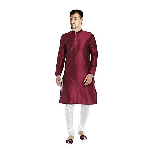 Lakkar Haveli - camicia da uomo in seta kurta da sposa casual pathani, stile etnico allentato, colore: marrone bordeaux 3xl