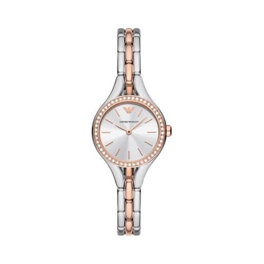 Emporio Armani orologio da donna, movimento a due lancette, in acciaio inossidabile, con cassa da 28 mm e bracciale in pelle o acciaio, argento/oro rosa