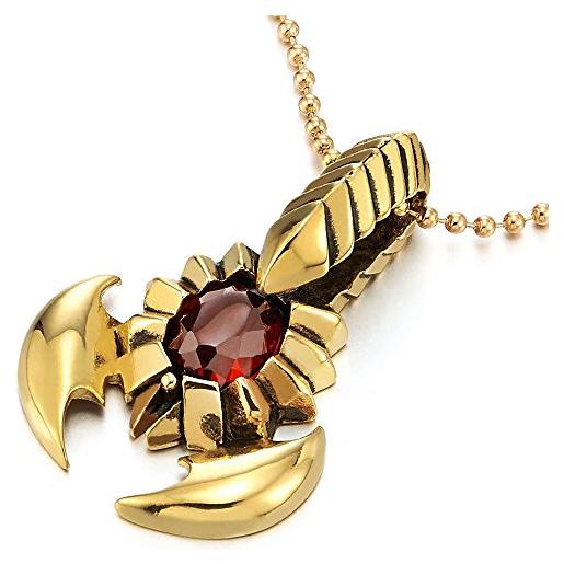 COOLSTEELANDBEYOND colore oro scorpione ciondolo con zirconi rosso, collana da uomo, acciaio inossidabile, palla catena 75cm
