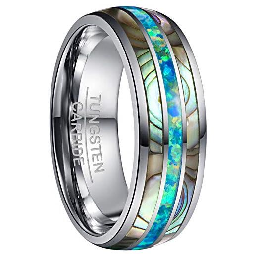 VAKKI anello in carburo di tungsteno argento da 8 mm per uomo/donna fede nuziale unisex con verde opale e conchiglia di abalone taglia 22.5