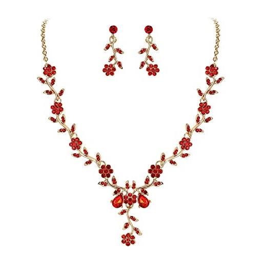 Clearine matrimonio gioielli set foglia cluster fiore cristalli ciondolo collana orecchini pendenti set per sposa rosso colore oro-fondo