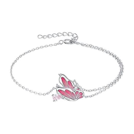 JewelryPalace 0.3ct bracciale donna farfalla argento 925 con cubica zirconia rosa, smaltato braccialetto ali donna con pietra a taglio pera, regolabile bracciale catena anniversario set gioielli donna