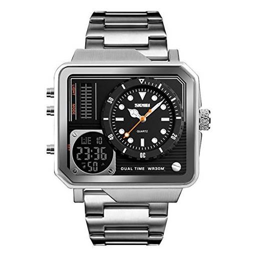 JTTM orologio analogico da uomo digitale, business lussuoso, impermeabile fino a 3 atm, con allarme a led, doppio ora, cronometro, data, multifunzione, casual, argento