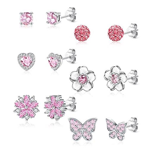 CASSIECA 6 paia orecchini argento 925 per bambine ragazze farfalla cuore cz rosa orecchini a cartilagine per donne bambini orecchini a perno ipoallergenici regali bambine con scatola per gioielli