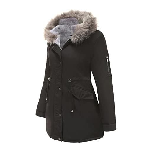 BOUTIKS cappotti invernale antivento da donna, giacca parka militare addensata, cappotto foderato in caldo pile con cappuccio in pelliccia sintetica, nero, xxl