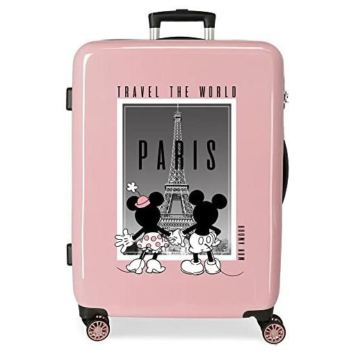 Disney topolino e minnie viaggia per il mondo parigi valigia media nude 48x68x26 cm abs rigido chiusura laterale con combinazione 70l 3 kg 4 doppie ruote