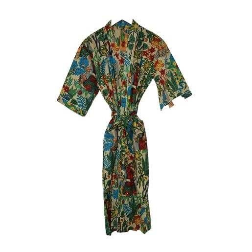 RAJBHOOMI HANDICRAFTS vestaglia da donna in cotone, vestaglia, vestaglia da spiaggia, per uomo e donna, taglie forti, per kimono taglia 40-48 (stampa verde donna), xxl/3xl
