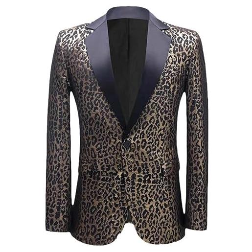 Aoleaky giacca da abito leopardata giacca da uomo con risvolto a punta con un bottone blazer da uomo cantante per feste di nozze costume da palcoscenico homme gold black m