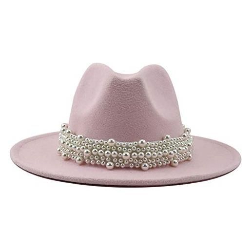 EOZY cappello da donna vintage con fascia di perle fedora alla moda a tesa larga trilby panama, rosa, m