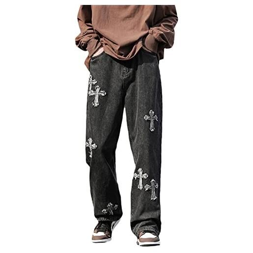 Yokbeer carico y2k uomini | pantaloni cargo con croci stampate jeans baggy | pantaloni cargo hip-hop | pantaloni larghi dritti da uomo con stampa denim lavato harajuku (color: a-black, size: xl)