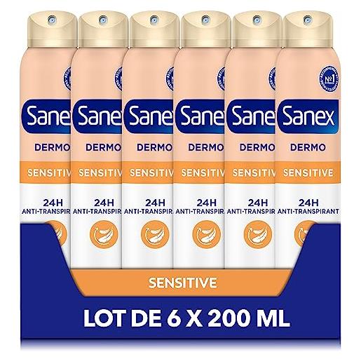 Sanex - deodorante antitraspirante spray dermo sensitive - protezione anti-sudore e odori 24 ore - per pelli sensibili - ripristina il ph naturale - testato dermatologicamente - confezione da 6 x 200