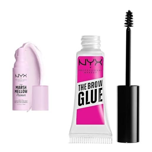 Nyx professional makeup the marshmellow primer, base per makeup, primer versatile 30 ml & the brow glue, gel trasparente per sopracciglia effetto laminazione
