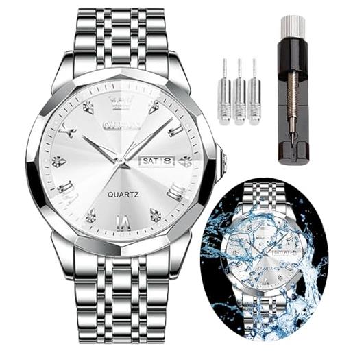 OLEVS orologio da uomo con diamanti per affari, orologio analogico al quarzo in acciaio inossidabile, impermeabile, luminoso, con data, due toni, orologio da polso casual di lusso