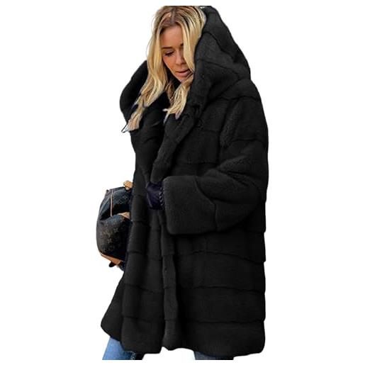 LAVIYE cappotto addensato con cappuccio in pelliccia sintetica da donna cappotto parka allentato casual in peluche caldo invernale taglie forti, nero, 9xl