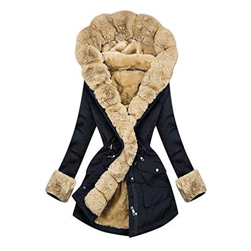 HHWY giacca invernale lunga da donna con pelliccia, colore nero, calda parka invernale elegante in cotone con tasca mimetica, spessa, calda, antivento, per le mezze stagioni, nero , l