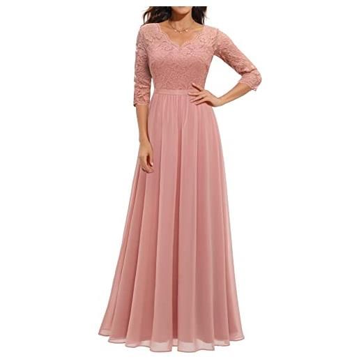 ECDAHICC abito da donna elegante in pizzo con volant, con scollo a v, maniche corte, a vita alta, abito da sera lungo, rosa 1, s