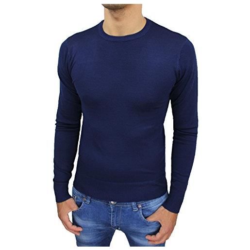 Mat Sartoriale maglione golfino uomo blu slim fit aderente maglia girocollo con toppe pullover casual (l)