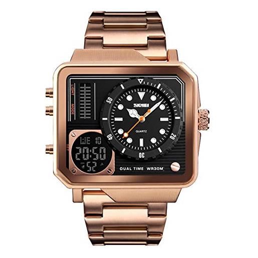 JTTM orologio analogico da uomo digitale, business lussuoso, impermeabile fino a 3 atm, con allarme a led, doppio ora, cronometro, data, multifunzione, casual, rose gold