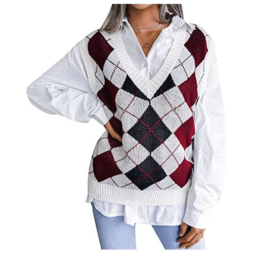 GOTOTOP maglione senza maniche da donna, motivo a quadri, scollo a v, allentato, maglione a contrasto per autunno e inverno, cachi, l