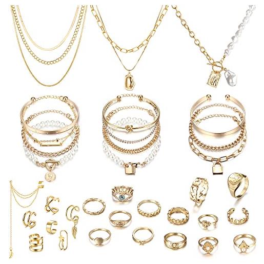 LOLIAS 35 pz oro/argento placcato insieme monili con 3 pz pendente della collana 11 pz layered braccialetto 7 pz ear polsini orecchino 14 pz knuckle anelli per donne ragazze