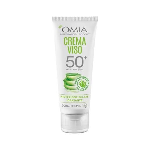 Omia - crema solare protettiva viso spf50 con aloe vera del salento, protezione solare alta, per pelli chiare e sensibili al sole, dermatologicamente testato, flacone da 50 ml