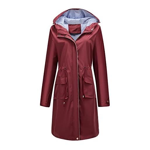 YUNCLOS giacca antipioggia impermeabile leggera lunga traspirante antivento impermeabile trench cappotti con cappuccio, rosso, 3xl