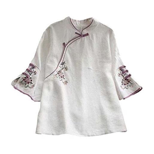 JXQXHCFS camicetta a tre quarti di cotone e lino cinese tradizionale da donna formale top tang costume hanfu camicetta, bianco, l