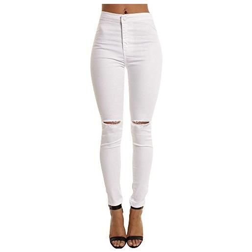 ZhuiKun donna vita alta jeans leggings elastico scarni jeggings pantaloni in denim strappati matita pantaloni bianco l