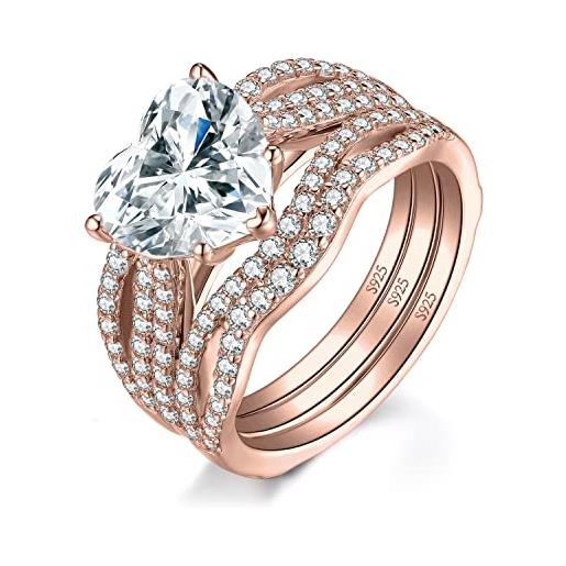 JewelryPalace 3ct classici anelli cuore donna argento 925 con cubic zirconia, solitario anello promessa pietre oro rosa, diamante simulato fedine fidanzamento matrimonio set anelli gioielli donna 14.5