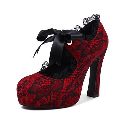 elerhythm donne in pizzo fiore mary jane punk closed toe costume elegante gothic pumps vintage piattaforma tacchi alti scarpe, colore: rosso, 37 eu